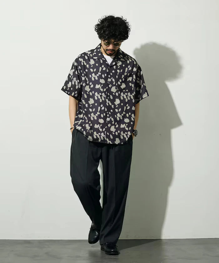 Mesh Open Collar Pattern Short Sleeve Shirt / Allover Design Open Collar Shirt / Big Silhouette