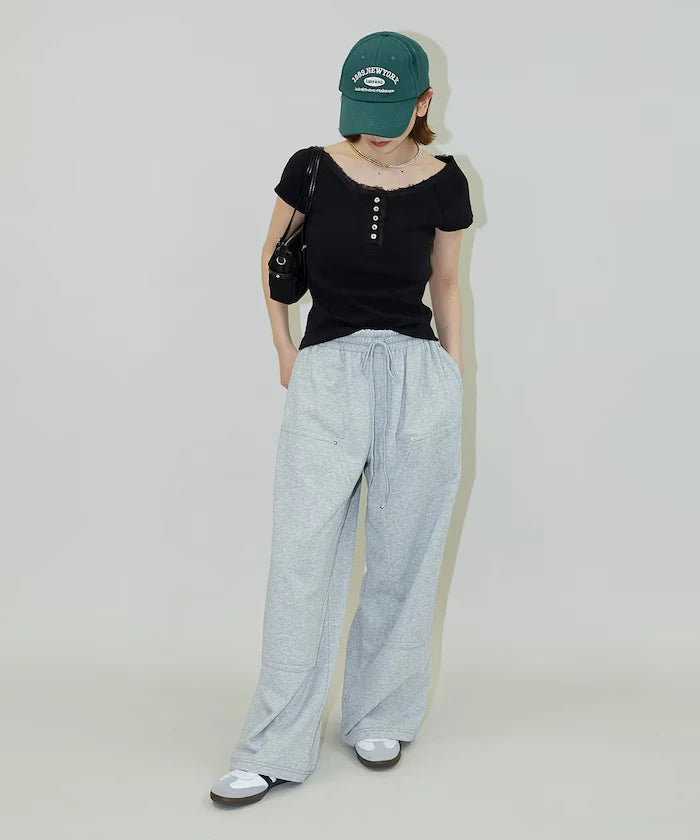 Collar Lace Contrast Henry Rib T-Shirt