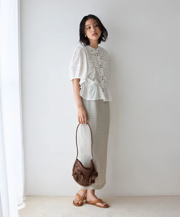 Sheer Shirring Volume Sleeve Blouse / 5 Short Sleeves