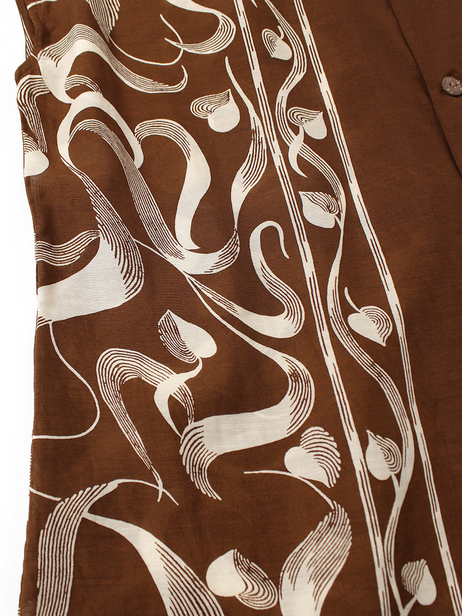 Silk Rayon Okra Pattern French Sleeve Open Collar Shirt