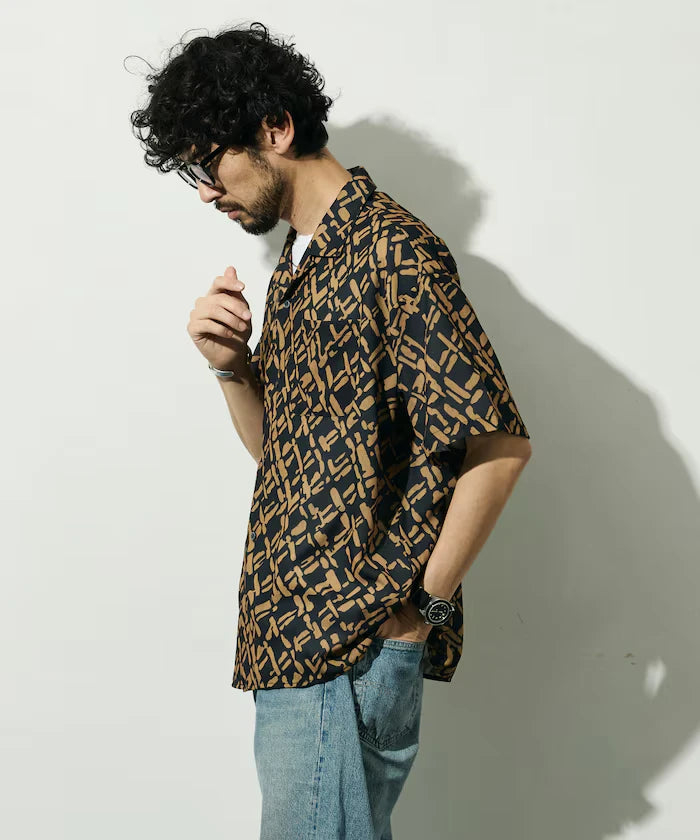 Mesh Open Collar Pattern Short Sleeve Shirt / Allover Design Open Collar Shirt / Big Silhouette