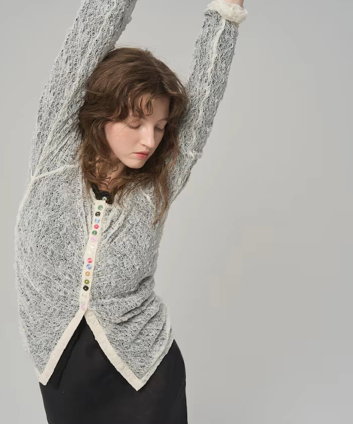 Many Button Lace Shirring Cardigan