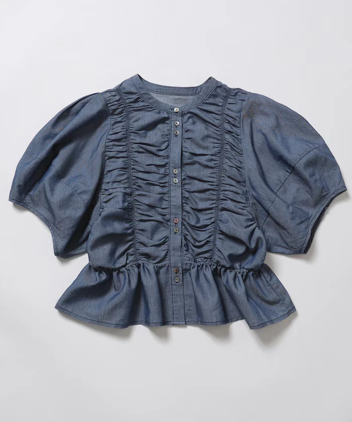 Sheer Shirring Volume Sleeve Blouse / 5 Short Sleeves