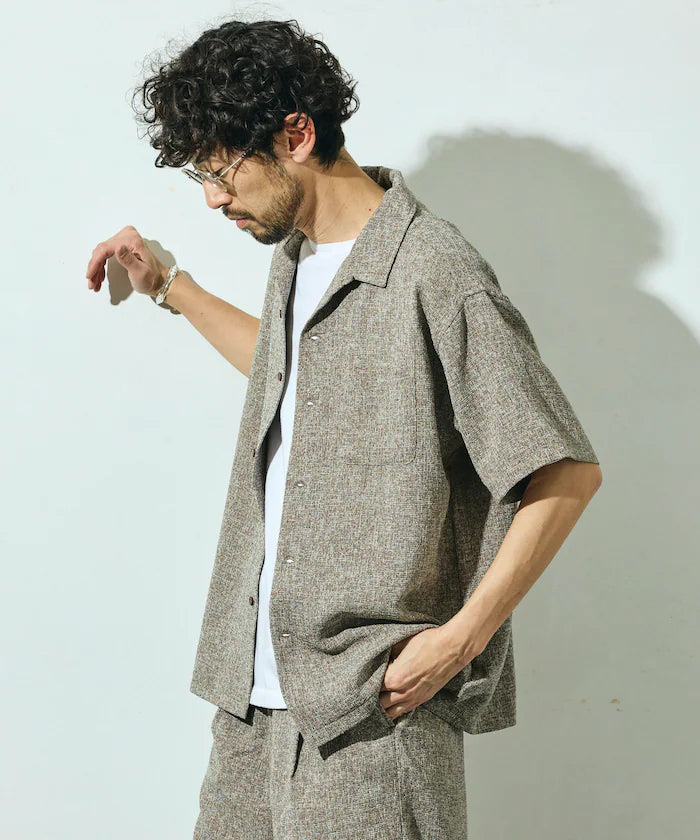 Dry Touch Summer Tweed Short Sleeve Open Collar Shirt