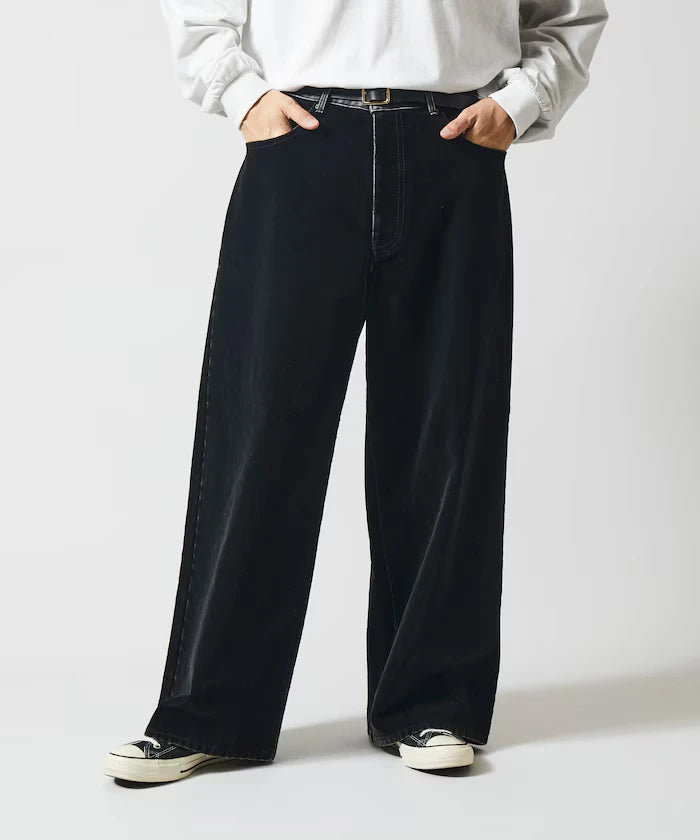 Flocked Denim Contrast Wide Straight Pants