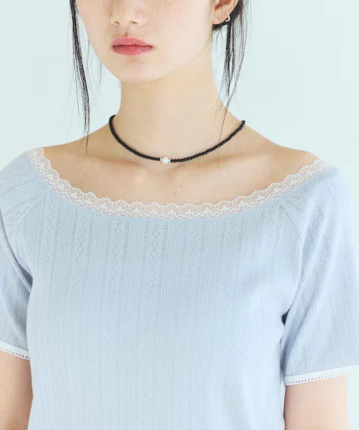 Boat Neck Pullover Knit Lace T-Shirt