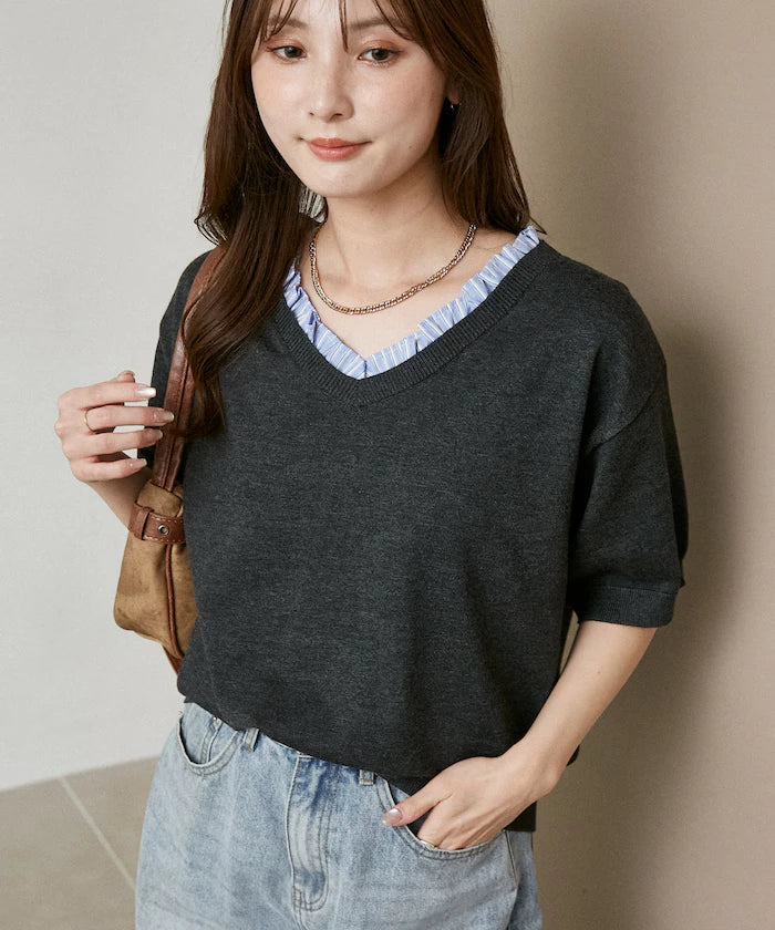 Shirt Frill V-Neck Half Sleeve Summer Knit Limited Edition
