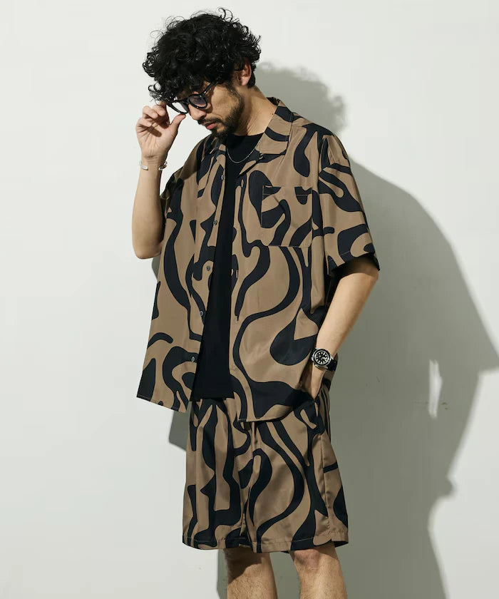 Open Collar Pattern Short Sleeve Shirt