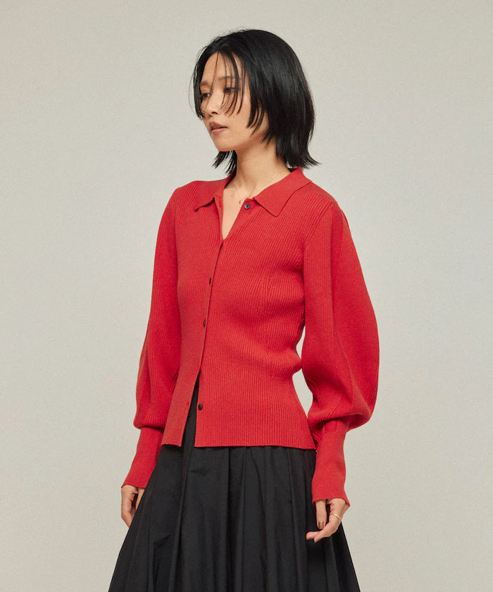Functional material silk blend knit polo volume sleeve knit cardigan / anti-pill / machine washable