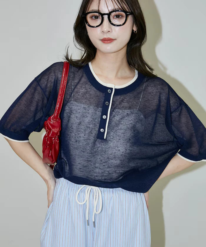 Washable linen color block henley neck knit top limited release