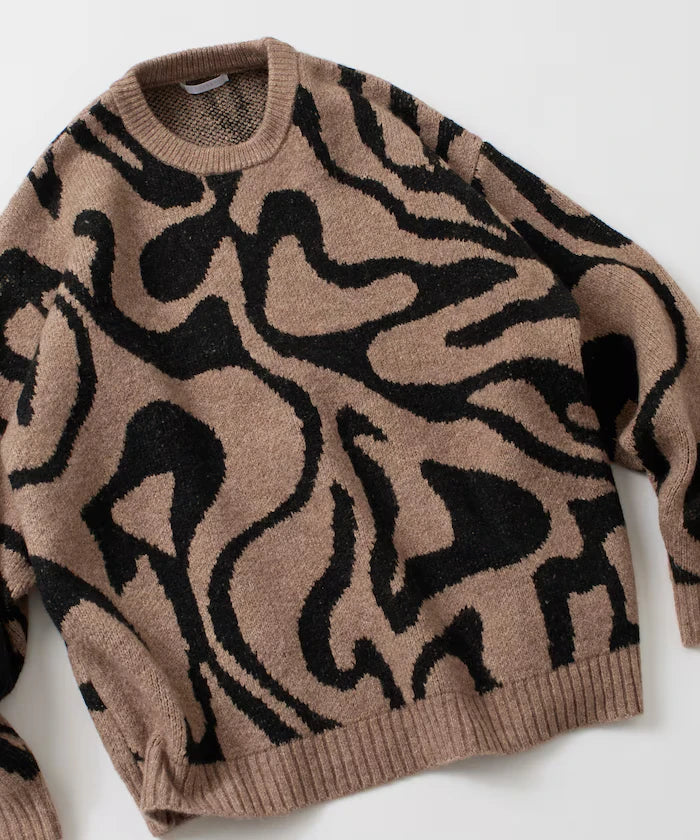 All-over Pattern Double Jacquard Knit Crew Neck Pullover / Relaxed Fit