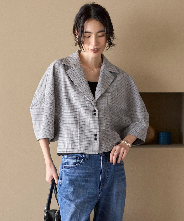 Collar Check Balloon Sleeve Shirt / Compatible with Setup
