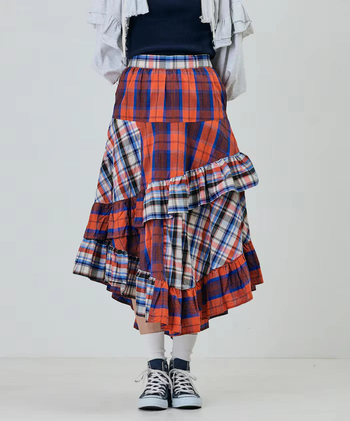 Check x Check Asymmetrical Frill Skirt