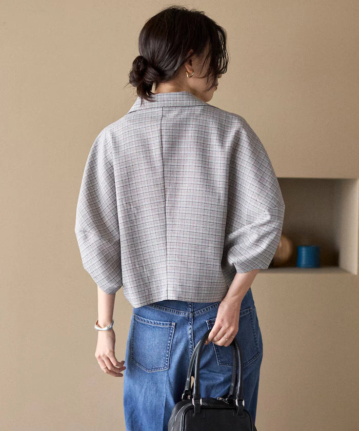 Collar Check Balloon Sleeve Shirt / Compatible with Setup