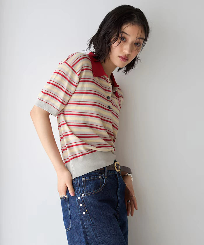 Relaxed Fit Color Design Polo Knit / Bicolor / Multi Stripe