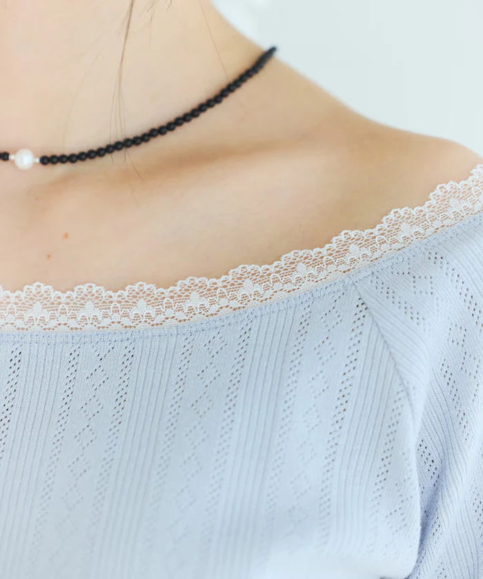 Boat Neck Pullover Knit Lace T-Shirt
