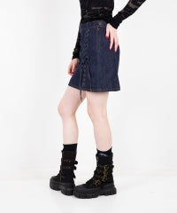 APPLE PANDA Embroidered Side Lace-Up Denim Mini Skirt