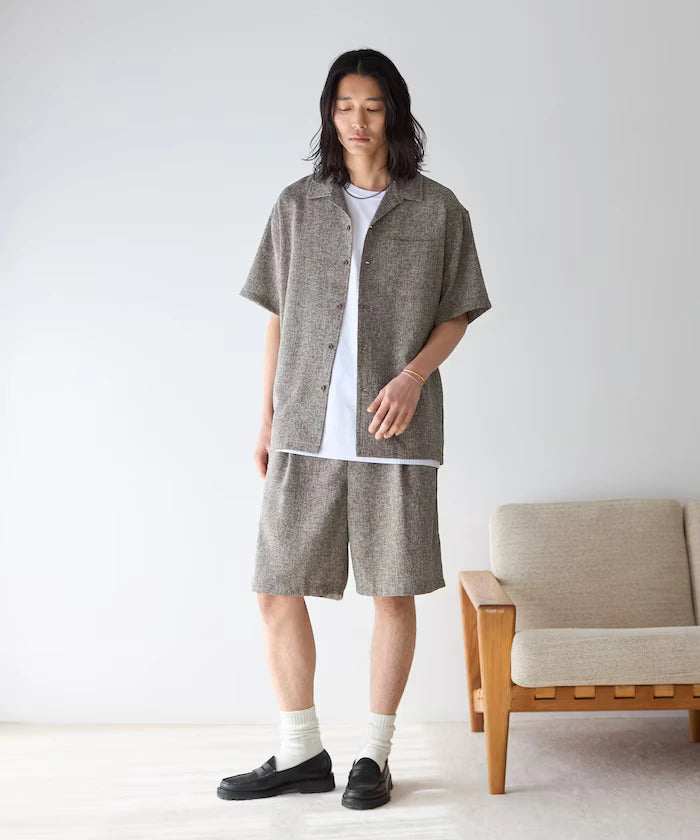 Dry Touch Summer Tweed Short Sleeve Open Collar Shirt