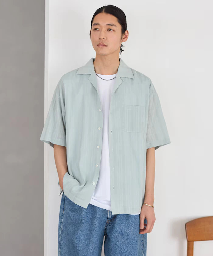 Jacquard Relaxed Fit Open Collar Short Sleeve Shirt Semi-Sheer Dobby Weave