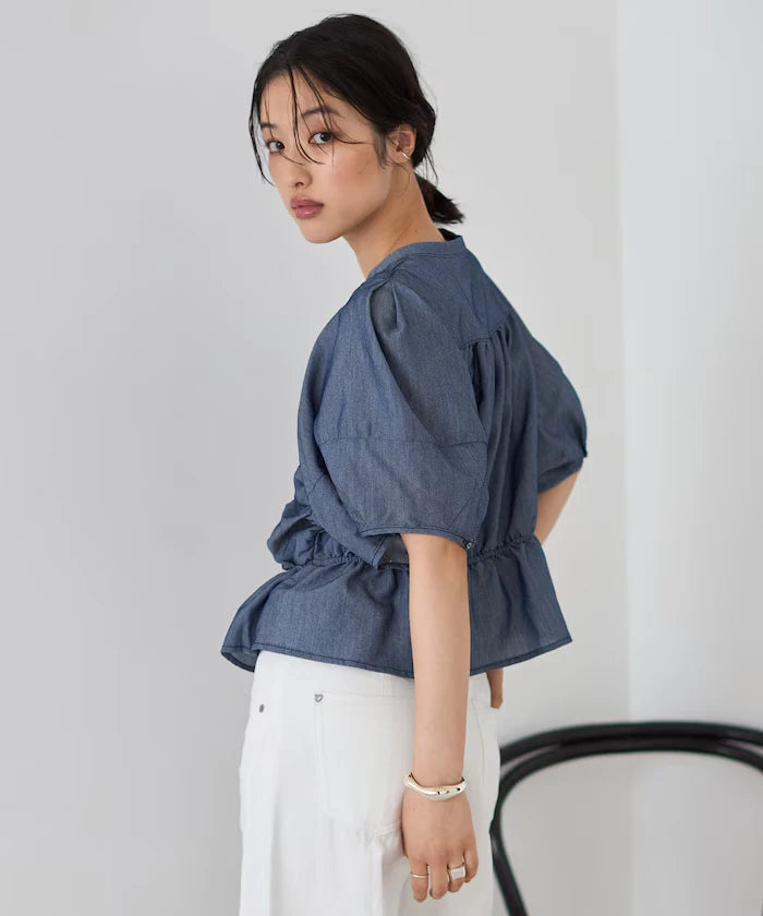 Sheer Shirring Volume Sleeve Blouse / 5 Short Sleeves