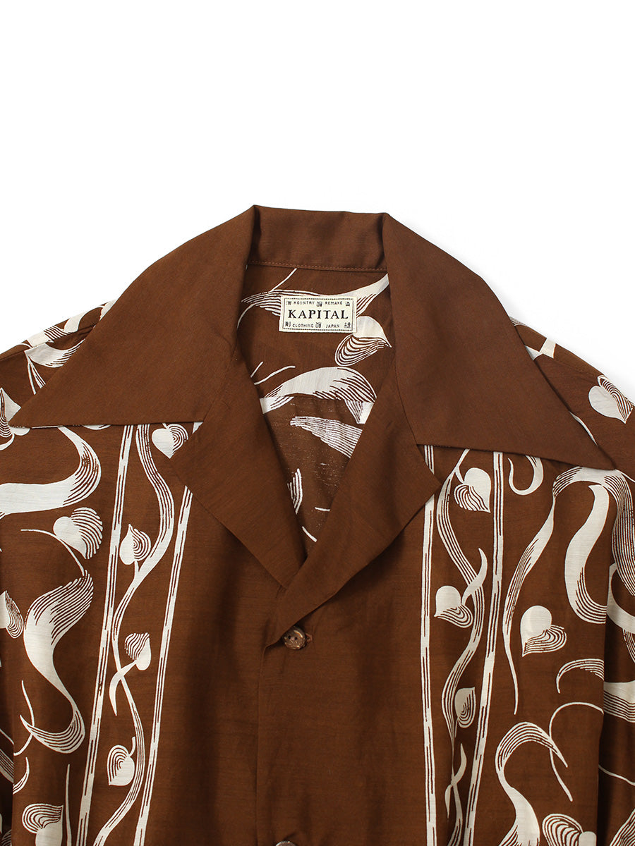Silk Rayon Okra Pattern French Sleeve Open Collar Shirt