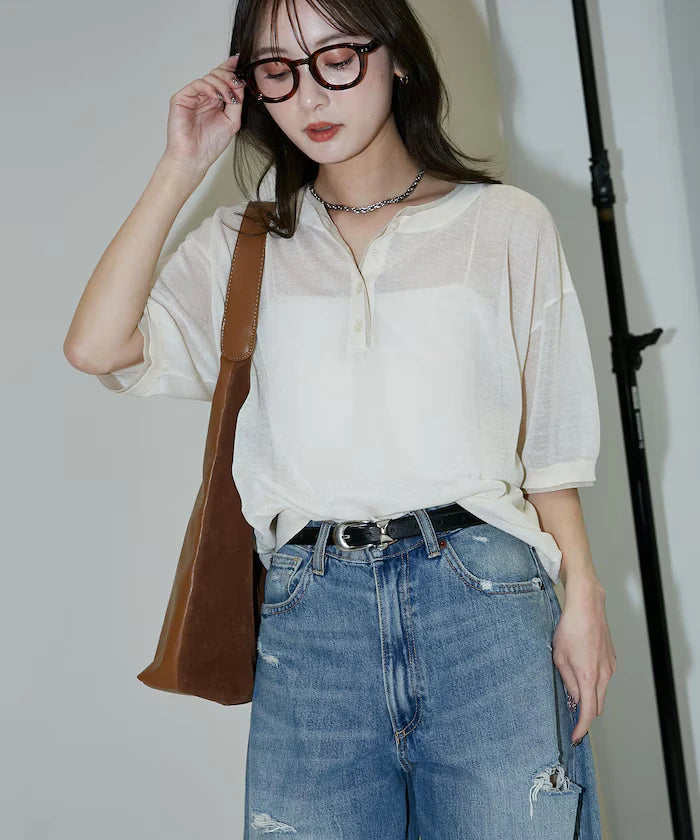Washable linen color block henley neck knit top limited release