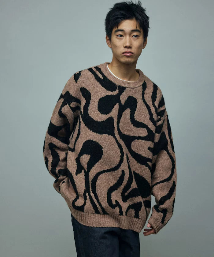 All-over Pattern Double Jacquard Knit Crew Neck Pullover / Relaxed Fit