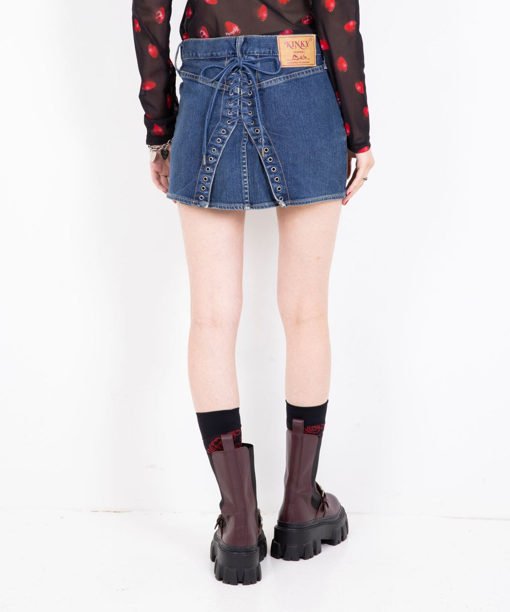 Back Lace-Up Micro Mini Denim Skirt