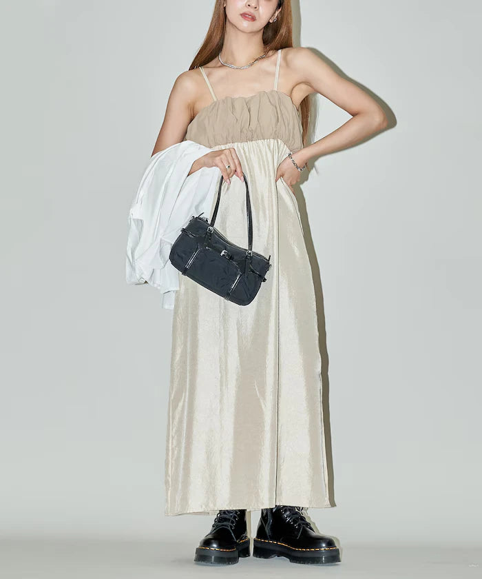 Mixed Material Shirring Satin Dress Limited Release