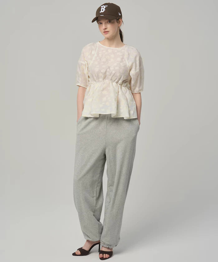 Flower Sheer Jacquard Volume Sleeve Peplum Blouse / 5 Minutes Sleeve
