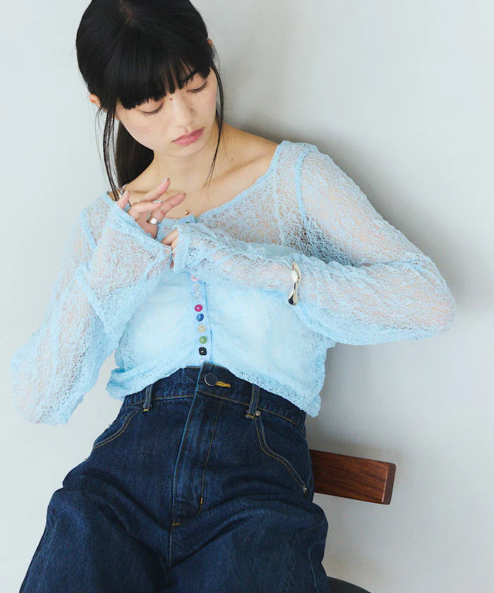 Many Button Lace Shirring Cardigan