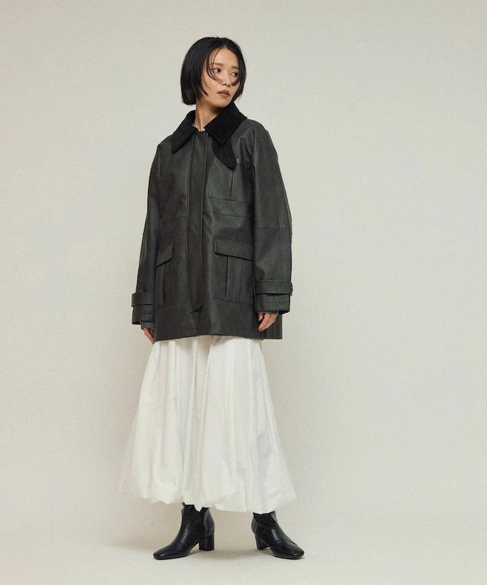 Oversized Crush Leatherette Jacket / Collar Corduroy