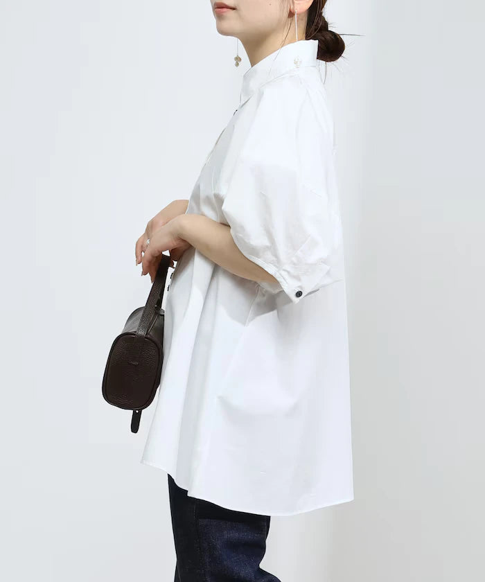 Switching Design Balloon Sleeve Shirt / 5-Minute Sleeve Blouse