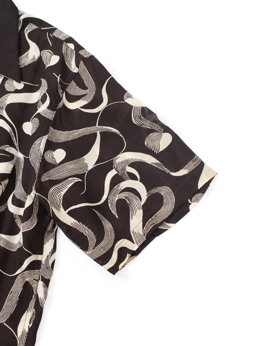 Silk rayon okra pattern short-sleeve open-collar shirt