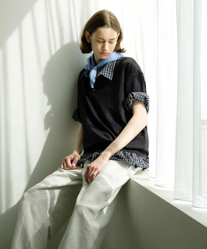 LOVE POP STUDIO Pattern Mesh Henley Neck T-Shirt Limited Release