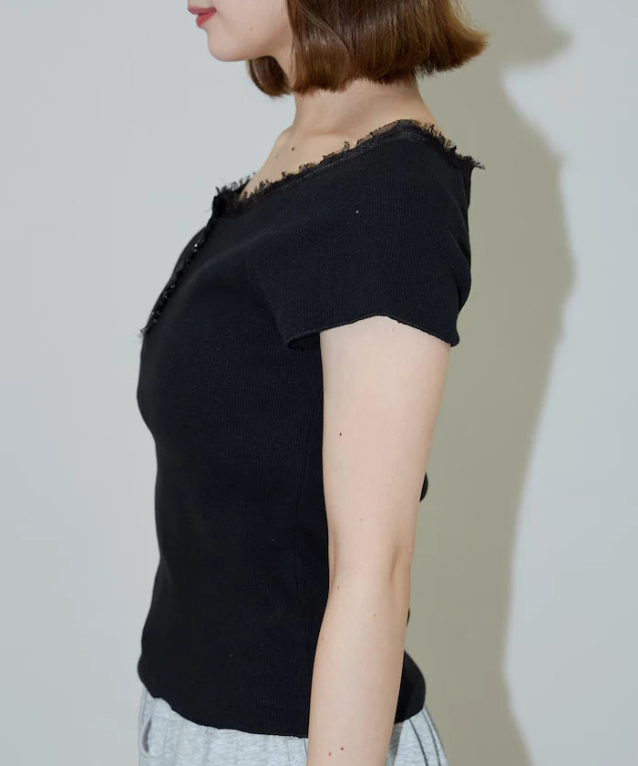 Collar Lace Contrast Henry Rib T-Shirt