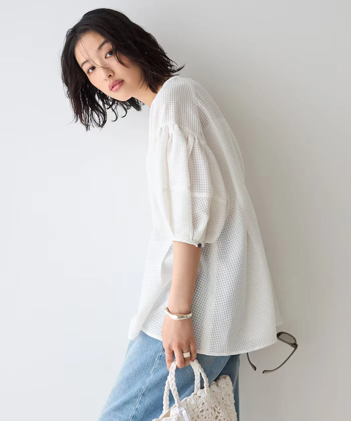 Sheer Check Balloon Sleeve Blouse