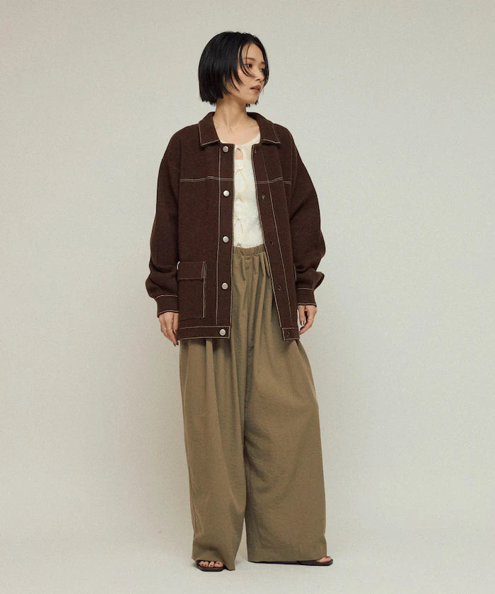 Oversized Wool Blend Knit Coverall / Color Stitch Knit Jacket