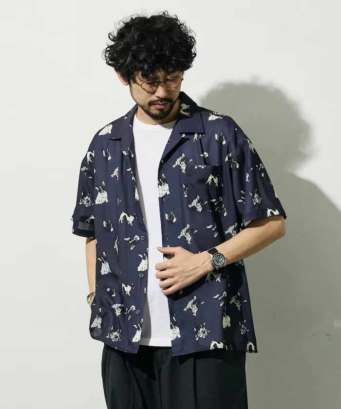 Mesh Open Collar Pattern Short Sleeve Shirt / Allover Design Open Collar Shirt / Big Silhouette