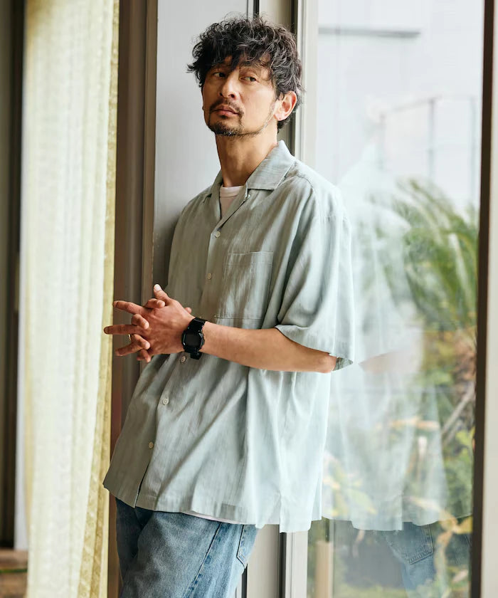 Jacquard Relaxed Fit Open Collar Short Sleeve Shirt Semi-Sheer Dobby Weave