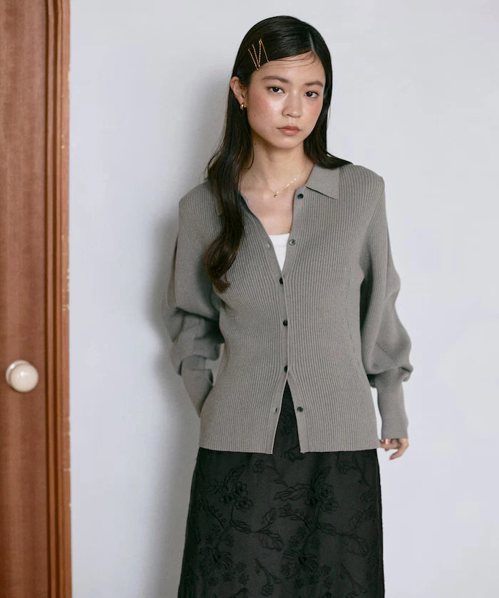 Functional material silk blend knit polo volume sleeve knit cardigan / anti-pill / machine washable