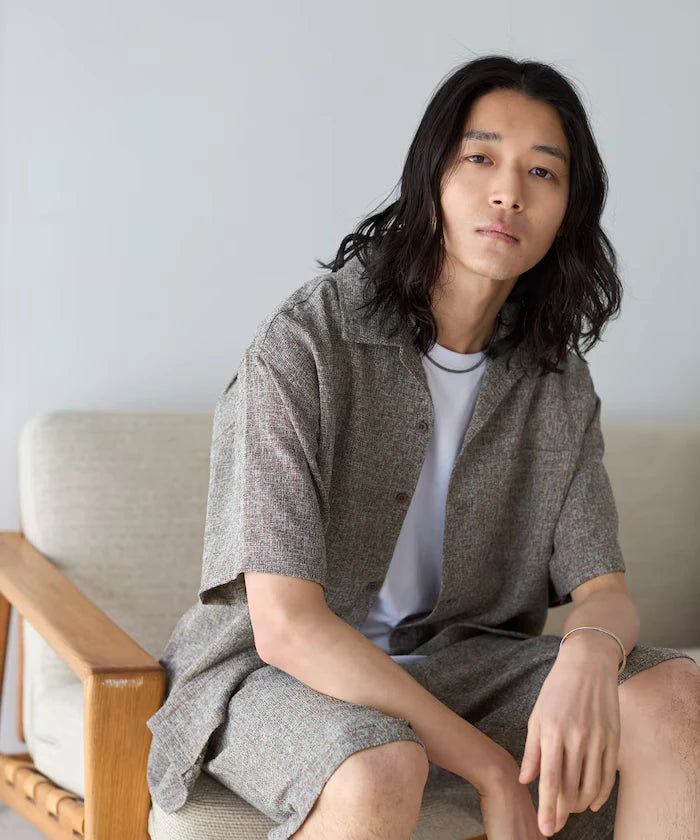 Dry Touch Summer Tweed Short Sleeve Open Collar Shirt