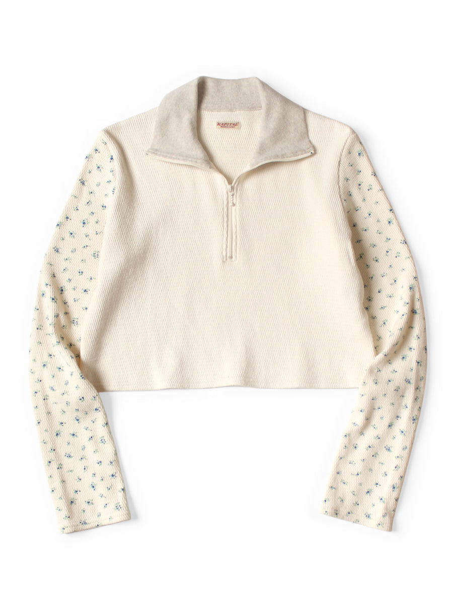 Waffle Jersey Small Flower pt 2TONE Half ZIP Cropped Long T