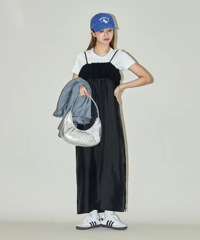 Mixed Material Shirring Satin Dress Limited Release
