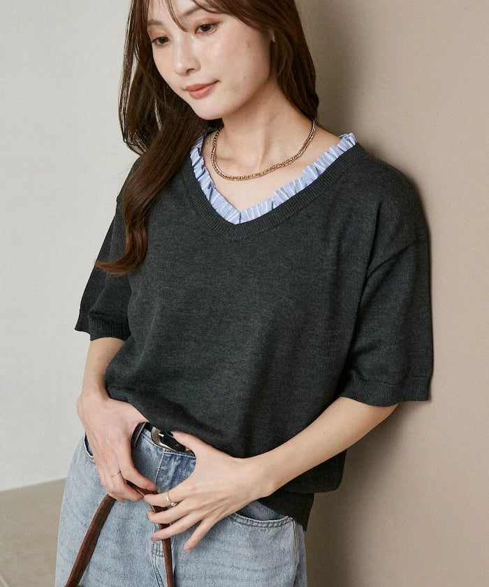 Shirt Frill V-Neck Half Sleeve Summer Knit Limited Edition