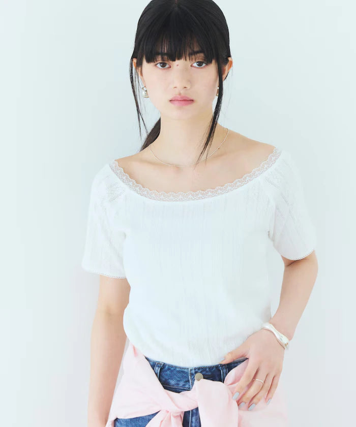 Boat Neck Pullover Knit Lace T-Shirt