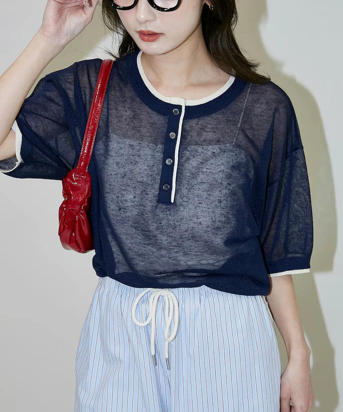 Washable linen color block henley neck knit top limited release