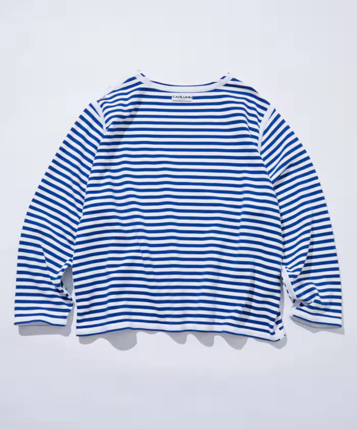 Boat Neck Horizontal Stripe french terry Long Sleeve Tee