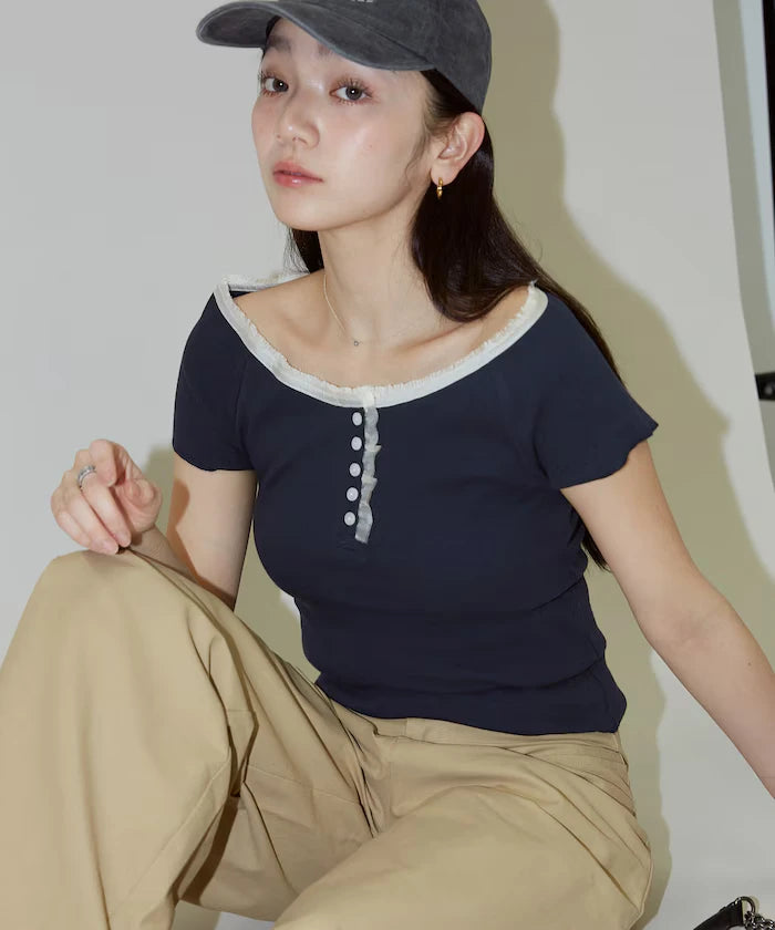Collar Lace Contrast Henry Rib T-Shirt