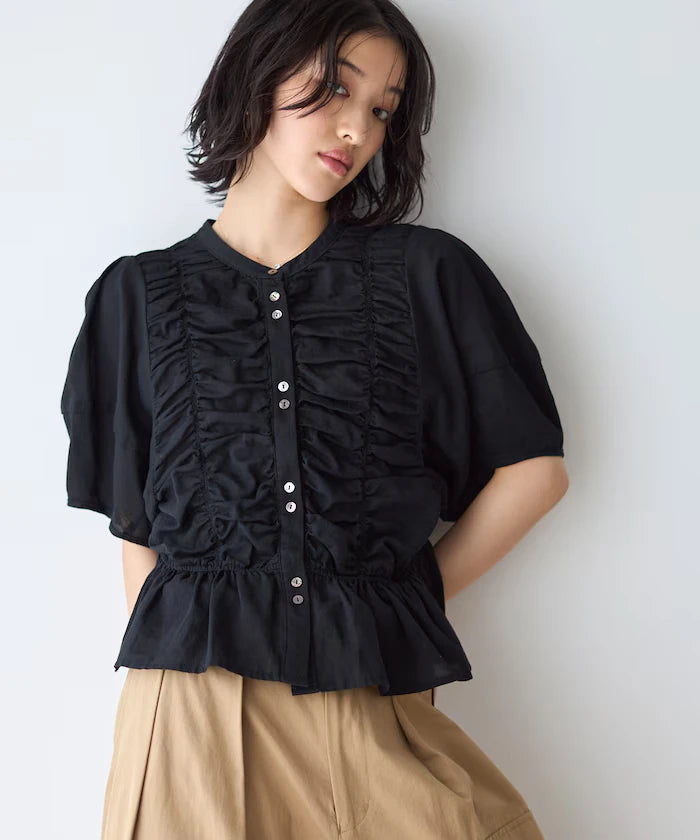Sheer Shirring Volume Sleeve Blouse / 5 Short Sleeves
